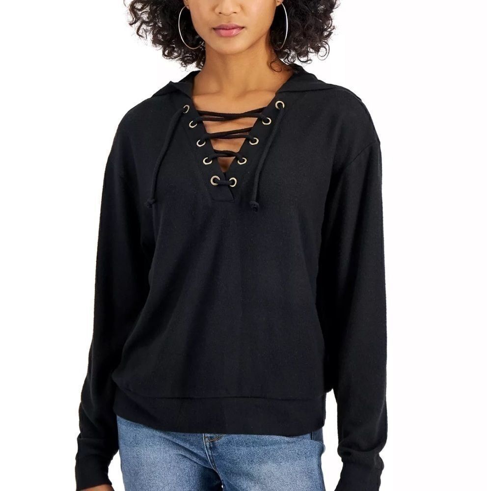 Self Esteem Juniors' Lace-up Hoodie black sweater, top, shirt M